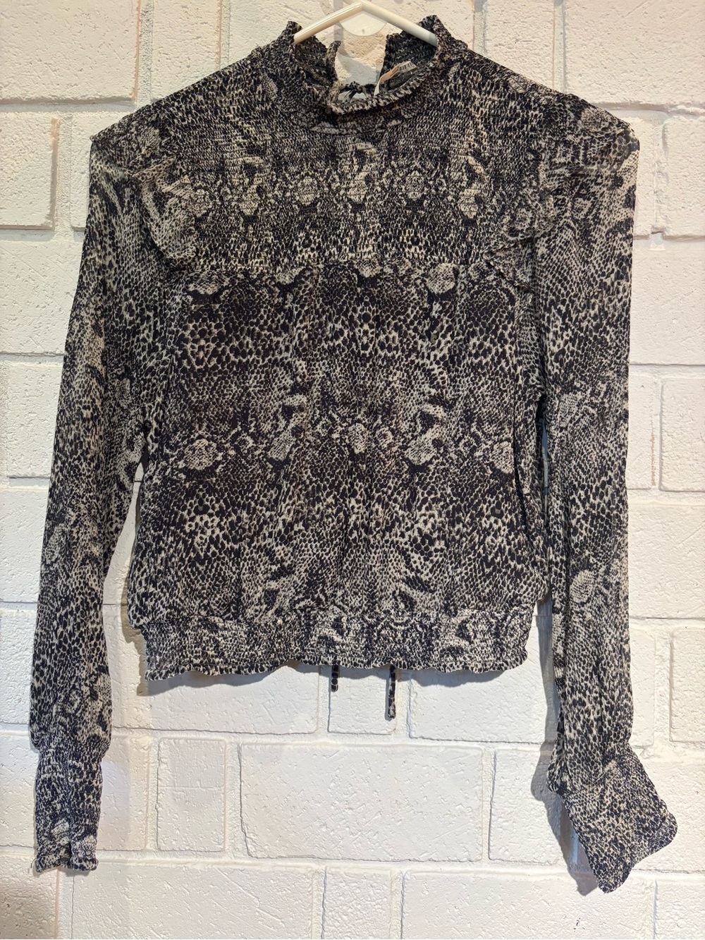 Anthropologie Black and Cream Mock Neck Animal-Print Blouse